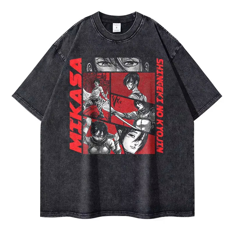 Anime A-Attack on T-Titan T Shirts Oversized Vintage Washed Levi Eren Yeager T-Shirt Shingeki No Kyojin Tops Tees Men