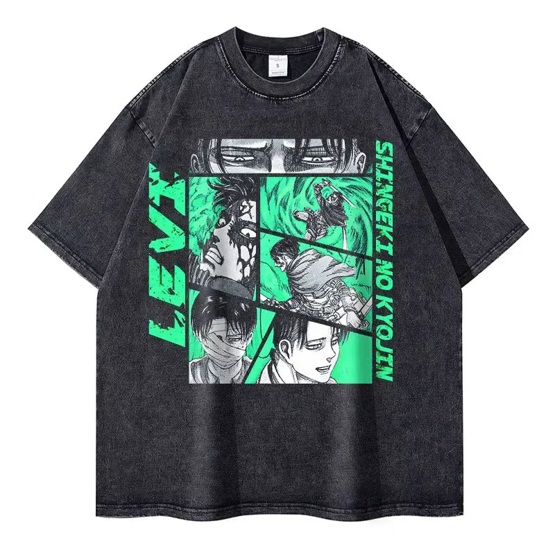 Anime A-Attack on T-Titan T Shirts Oversized Vintage Washed Levi Eren Yeager T-Shirt Shingeki No Kyojin Tops Tees Men