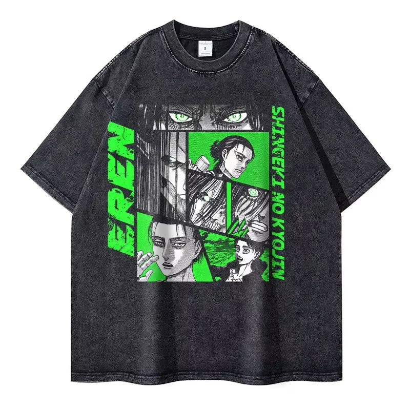 Anime A-Attack on T-Titan T Shirts Oversized Vintage Washed Levi Eren Yeager T-Shirt Shingeki No Kyojin Tops Tees Men