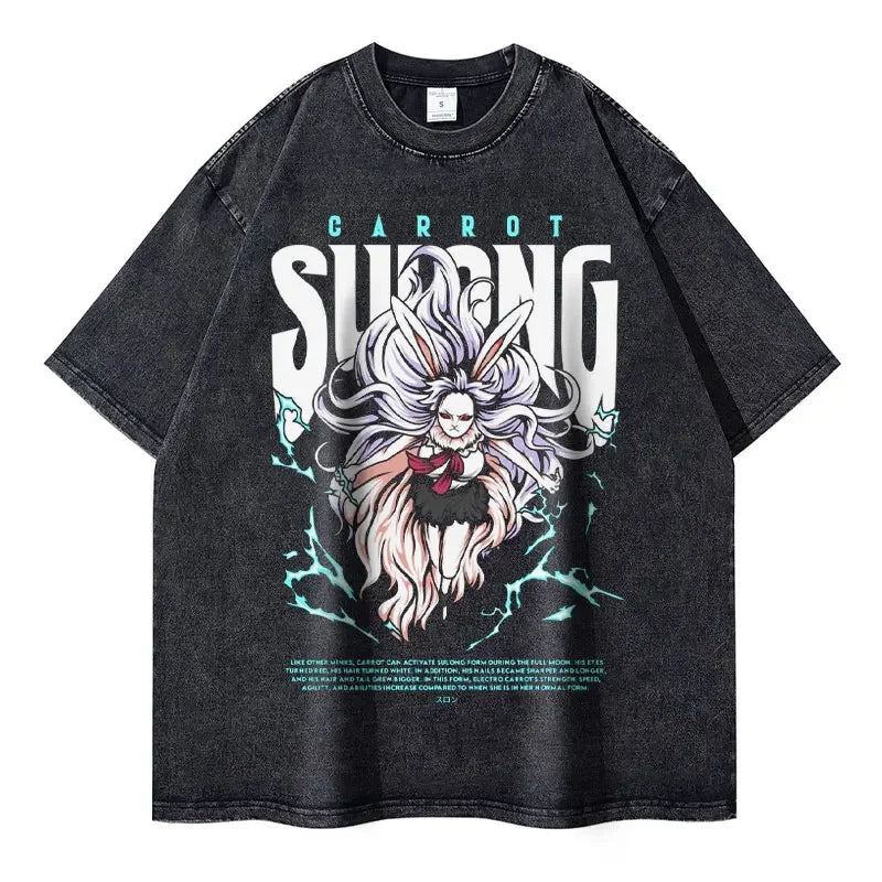 Anime O-One P-Piece T-Shirt Vintage Washed Doflamingo T Shirts Oversized Streetwear Short Sleeve Manga Nika Tops Tees Men