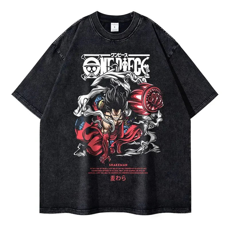 Anime O-One P-Piece T-Shirt Vintage Washed Doflamingo T Shirts Oversized Streetwear Short Sleeve Manga Nika Tops Tees Men
