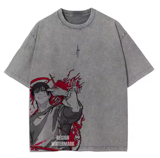 [Jujutsu Kaisen] Camiseta vintage extragrande gris/negra de CHOSO