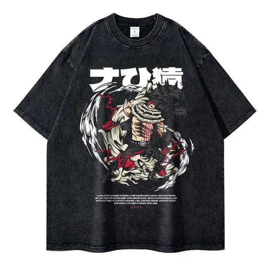 Anime O-One P-Piece T-Shirt Vintage Washed Doflamingo T Shirts Oversized Streetwear Short Sleeve Manga Nika Tops Tees Men