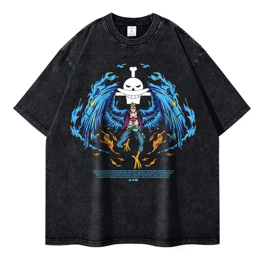 Anime O-One P-Piece T-Shirt Vintage Washed Doflamingo T Shirts Oversized Streetwear Short Sleeve Manga Nika Tops Tees Men